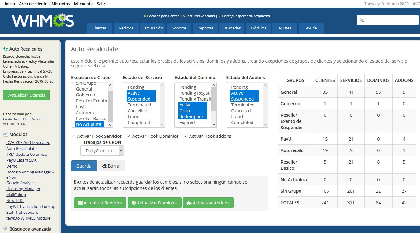 Módulo Recalculo Automatico de Precios para WHMCS - General