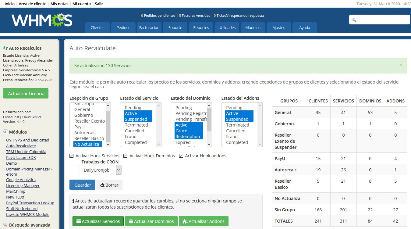 Módulo Recalculo Automatico de Precios para WHMCS - Servicios