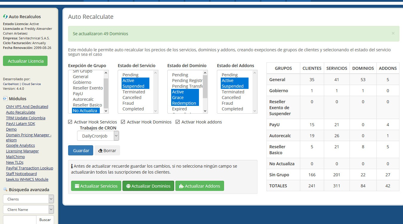 Módulo Recalculo Automatico de Precios para WHMCS - Actualizar dominios