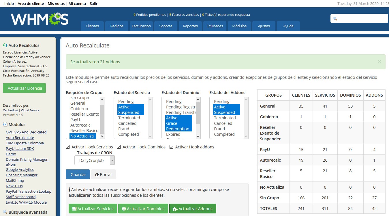 Módulo Recalculo Automatico de Precios para WHMCS - Actualizar Complementos